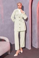 Tesettür giyim BEJ KUŞAKLI PANTOLONLU TAKIM T 0114