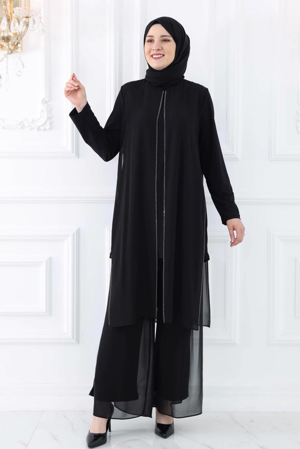 Tesettür giyim SİYAH BÜYÜK BEDEN PANTOLONLU ABİYE TAKIM T 0131 - TRENDTESETTÜR