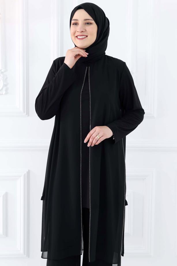 Tesettür giyim SİYAH BÜYÜK BEDEN PANTOLONLU ABİYE TAKIM T 0131 - TRENDTESETTÜR