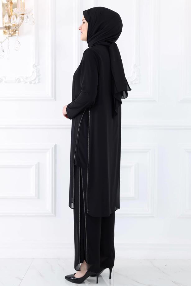 Tesettür giyim SİYAH BÜYÜK BEDEN PANTOLONLU ABİYE TAKIM T 0131 - TRENDTESETTÜR