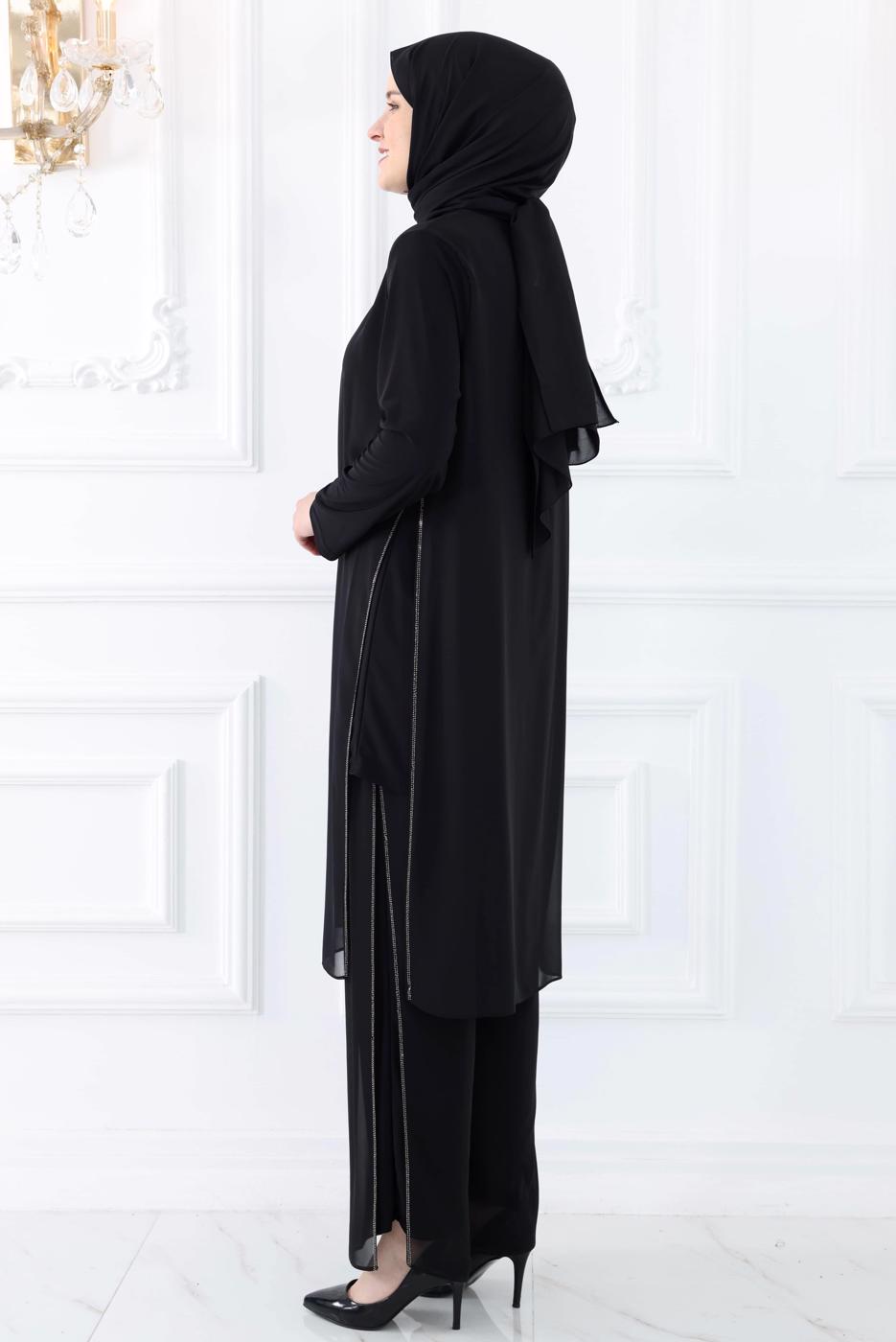 Tesettür giyim SİYAH BÜYÜK BEDEN PANTOLONLU ABİYE TAKIM T 0131