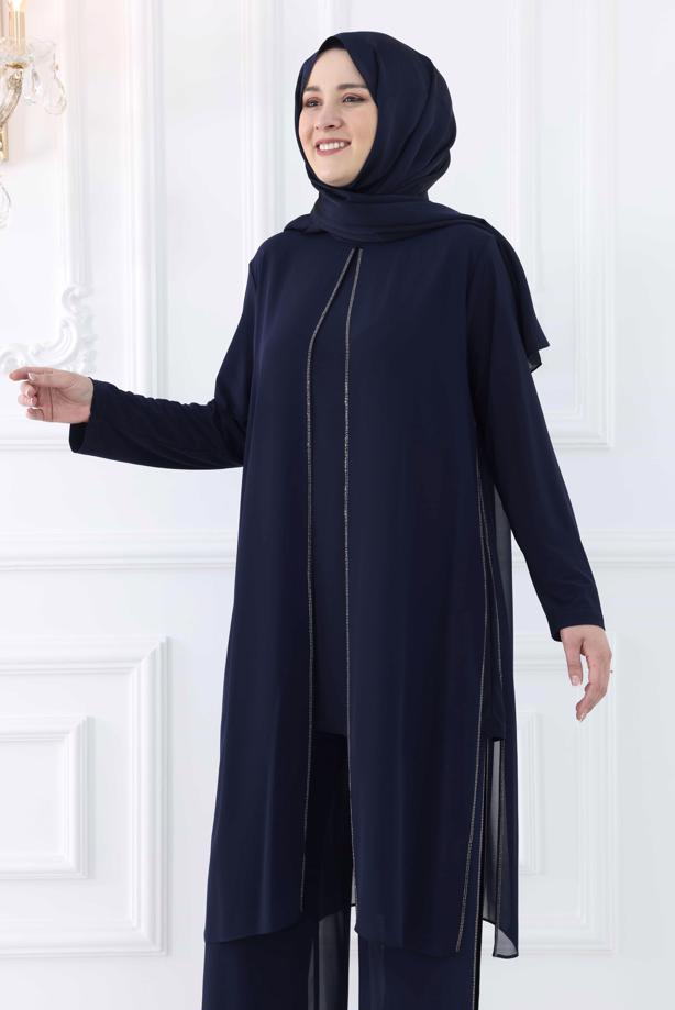 Tesettür giyim LACİVERT BÜYÜK BEDEN PANTOLONLU ABİYE TAKIM T 0131 - TRENDTESETTÜR