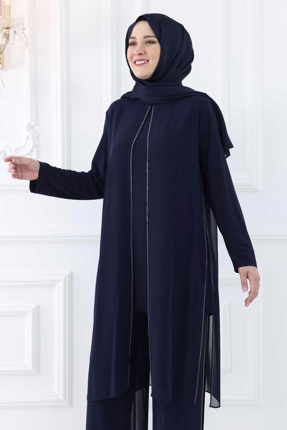 Tesettür giyim LACİVERT BÜYÜK BEDEN PANTOLONLU ABİYE TAKIM T 0131