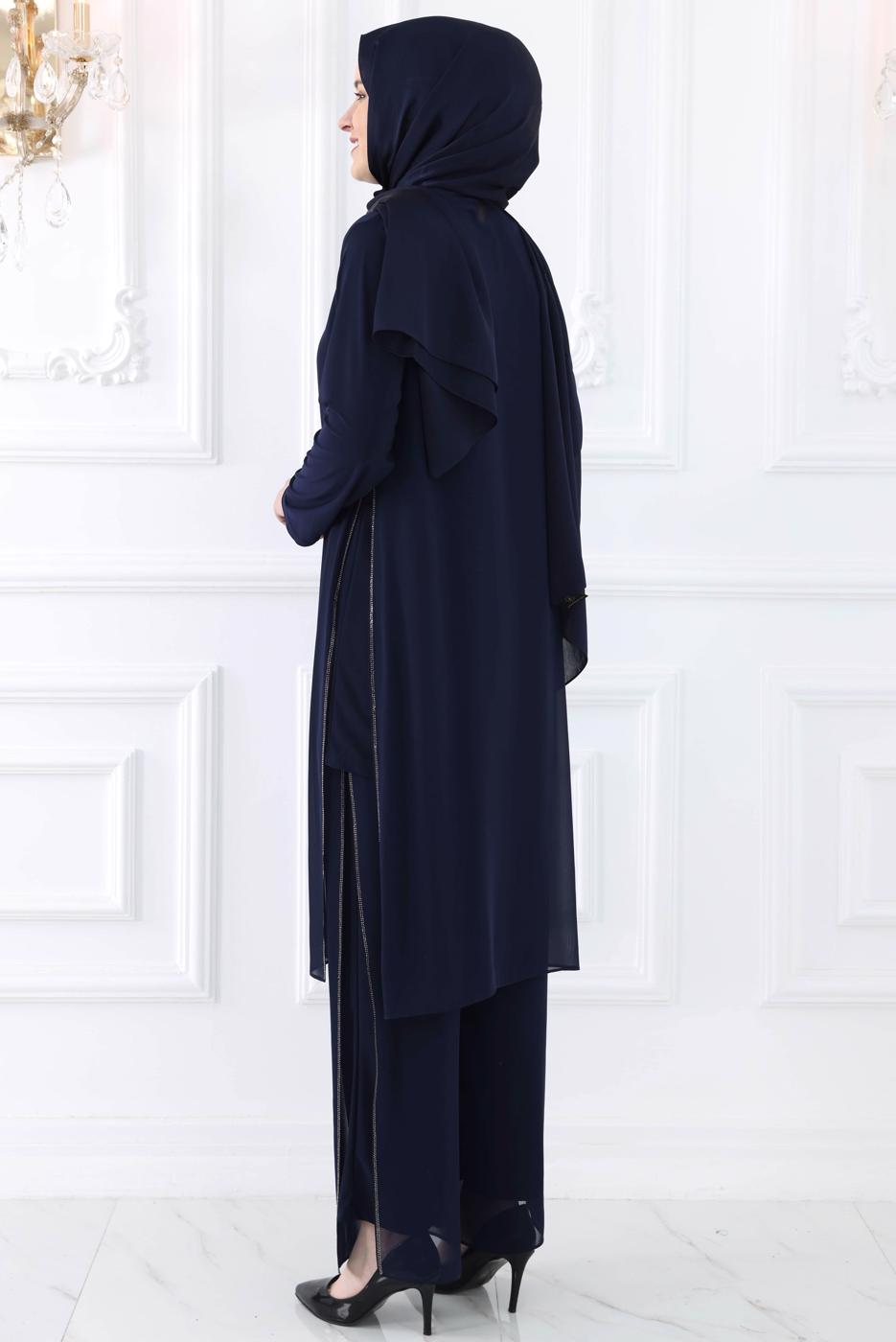 Tesettür giyim LACİVERT BÜYÜK BEDEN PANTOLONLU ABİYE TAKIM T 0131