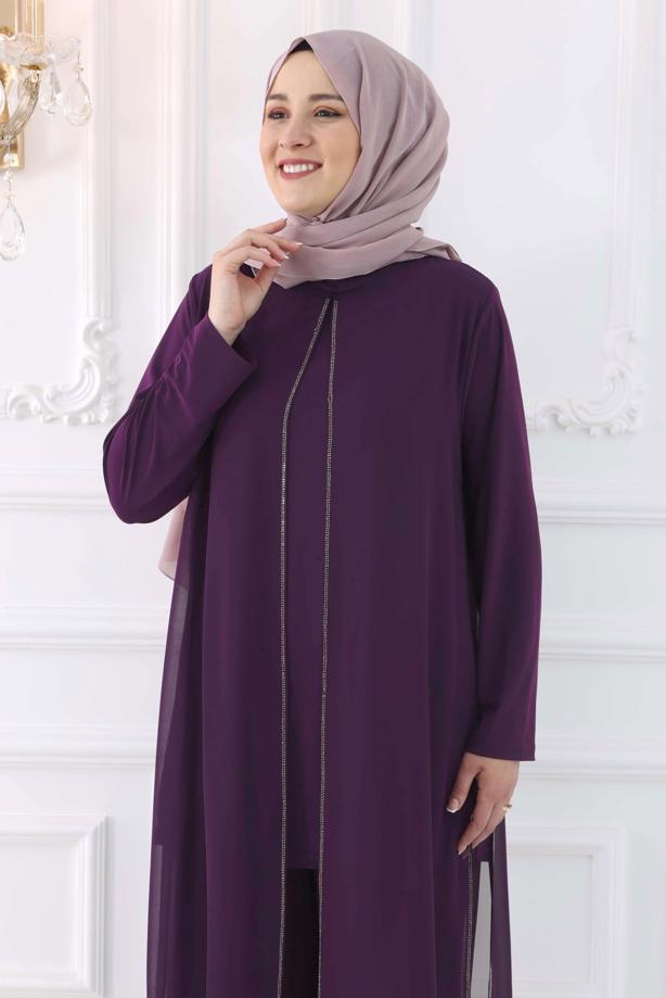 Tesettür giyim MÜRDÜM BÜYÜK BEDEN PANTOLONLU ABİYE TAKIM T 0131 - TRENDTESETTÜR