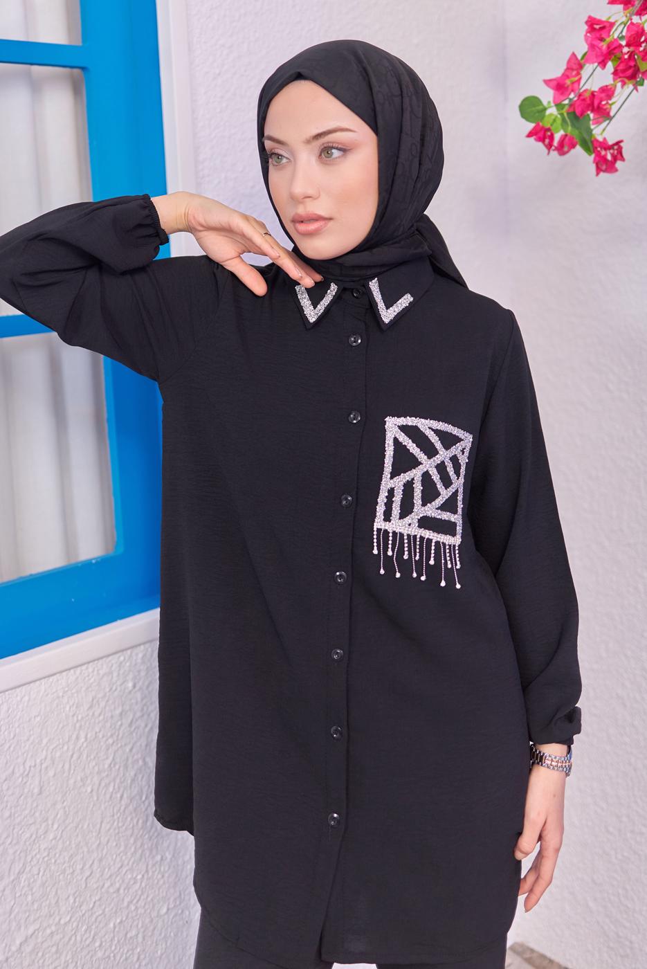 Tesettür giyim SİYAH TAŞLI PANTOLONLU TAKIM T 0193