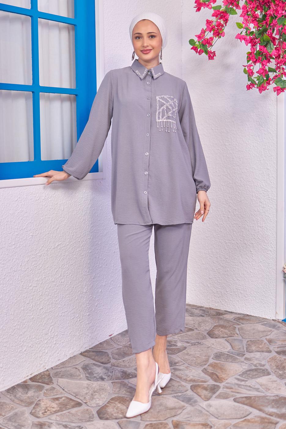 Tesettür giyim GRİ TAŞLI PANTOLONLU TAKIM T 0193