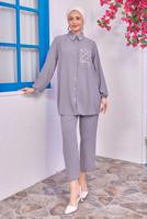 Tesettür giyim GRİ TAŞLI PANTOLONLU TAKIM T 0193