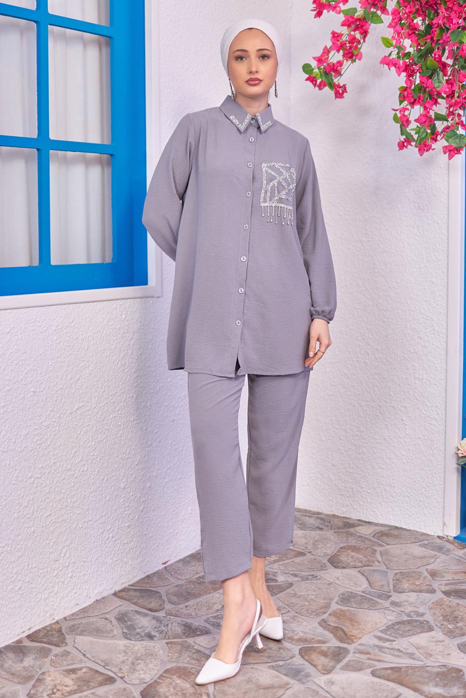 Tesettür giyim GRİ TAŞLI PANTOLONLU TAKIM T 0193