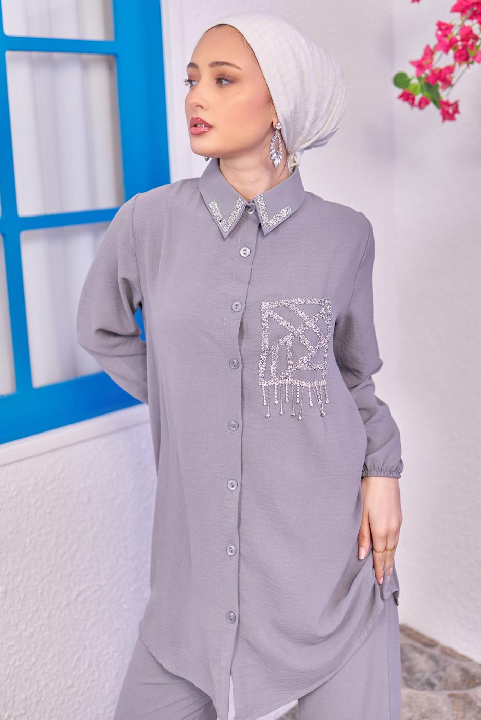 Tesettür giyim GRİ TAŞLI PANTOLONLU TAKIM T 0193