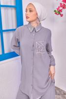 Tesettür giyim GRİ TAŞLI PANTOLONLU TAKIM T 0193
