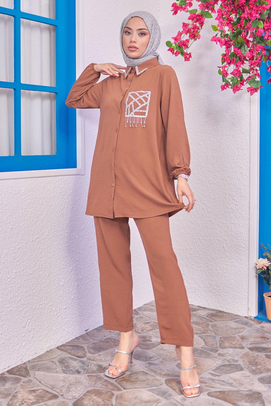Tesettür giyim TABA TAŞLI PANTOLONLU TAKIM T 0193