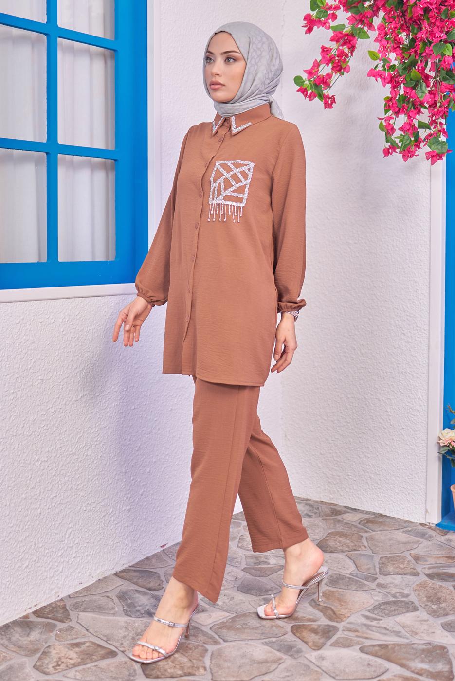 Tesettür giyim TABA TAŞLI PANTOLONLU TAKIM T 0193