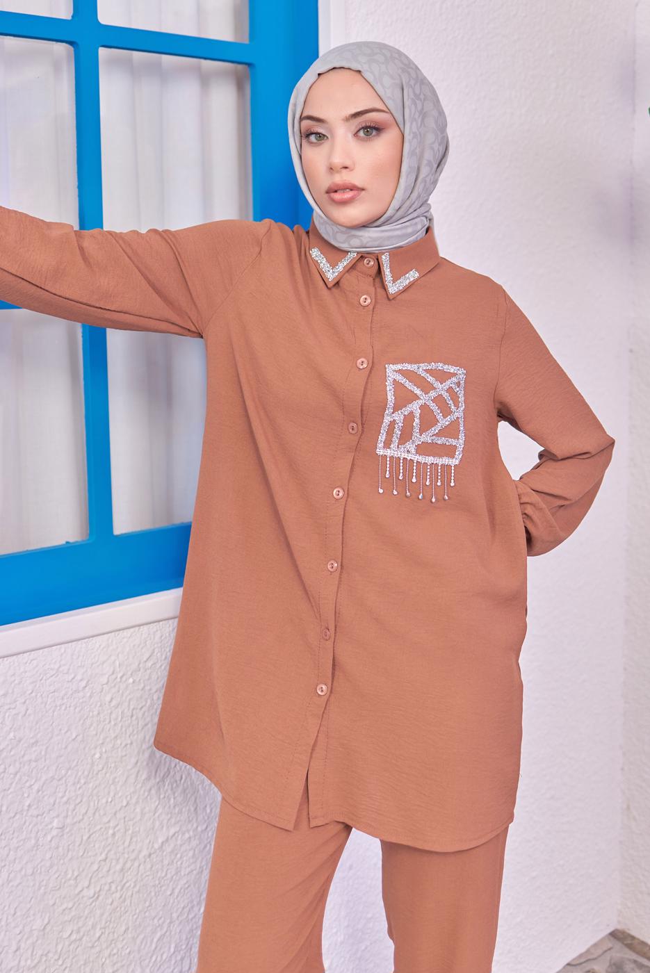 Tesettür giyim TABA TAŞLI PANTOLONLU TAKIM T 0193