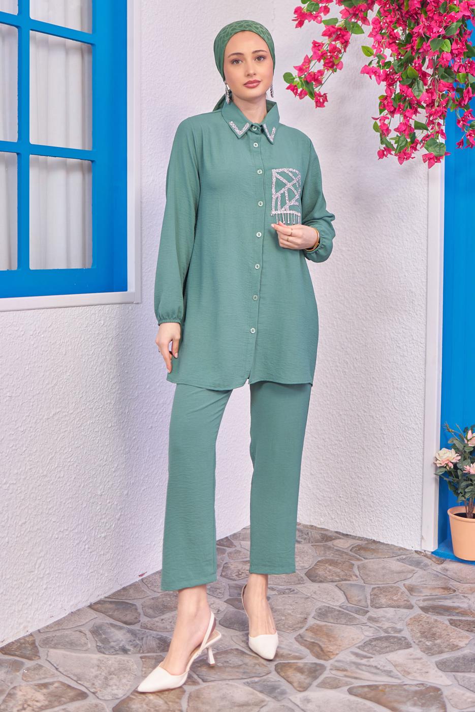 Tesettür giyim YEŞİL TAŞLI PANTOLONLU TAKIM T 0193