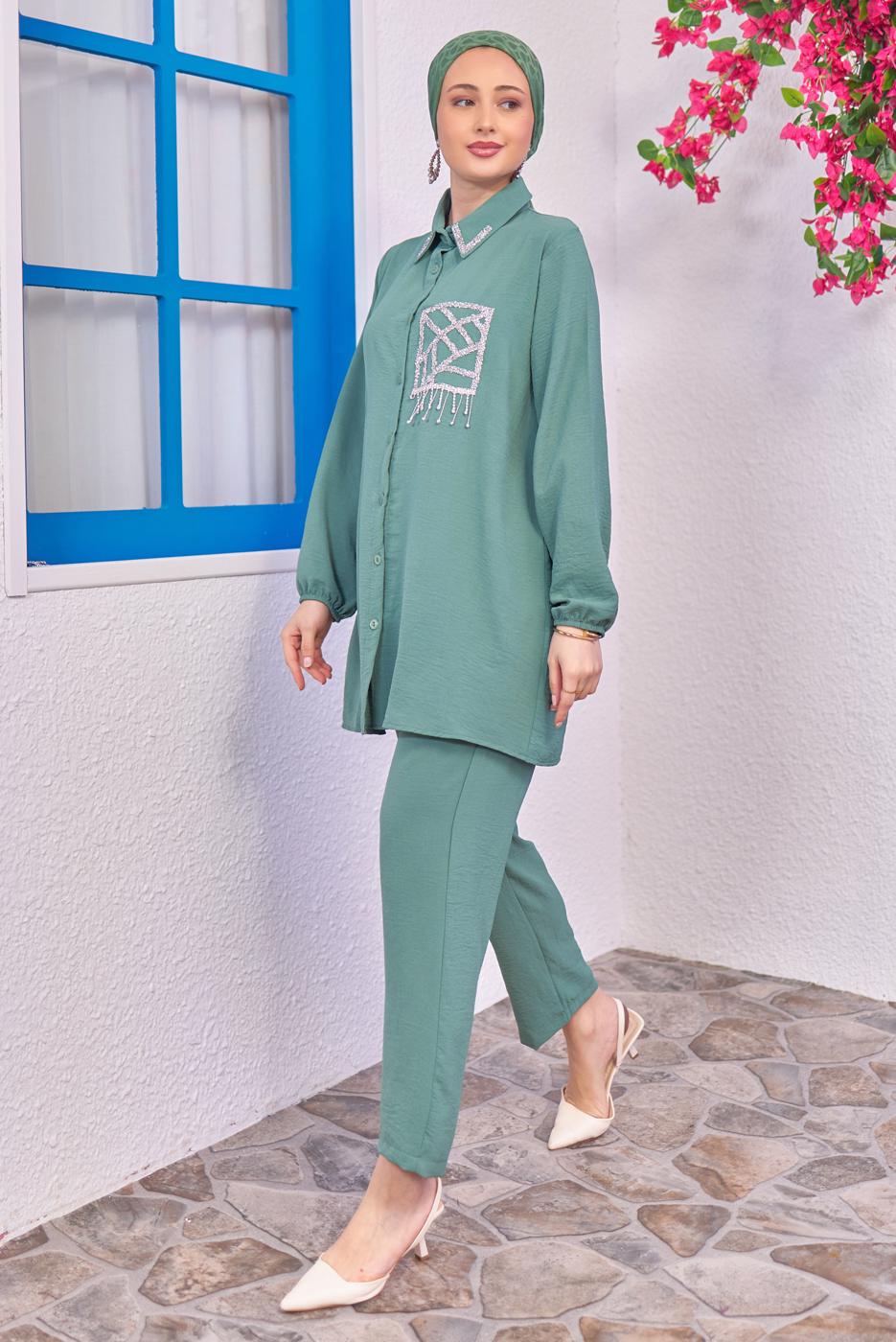 Tesettür giyim YEŞİL TAŞLI PANTOLONLU TAKIM T 0193
