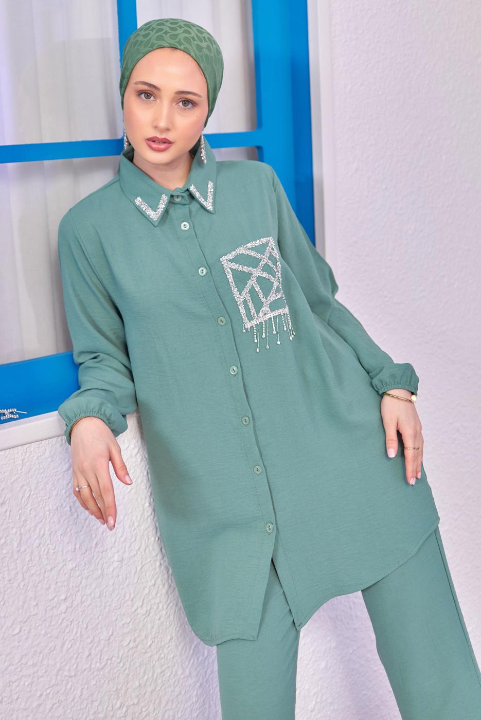 Tesettür giyim YEŞİL TAŞLI PANTOLONLU TAKIM T 0193