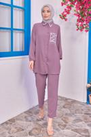 Tesettür giyim PEMBE TAŞLI PANTOLONLU TAKIM T 0193