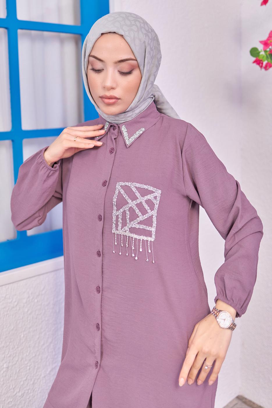 Tesettür giyim PEMBE TAŞLI PANTOLONLU TAKIM T 0193