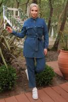 Tesettür giyim MAVİ KUŞAKLI DENİM PANTOLONLU TAKIM T 0202