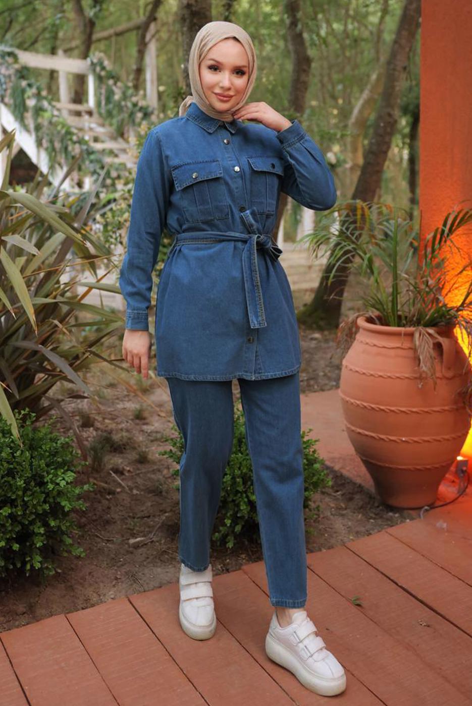 Tesettür giyim MAVİ KUŞAKLI DENİM PANTOLONLU TAKIM T 0202