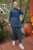 Tesettür giyim MAVİ KUŞAKLI DENİM PANTOLONLU TAKIM T 0202