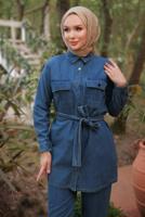 Tesettür giyim MAVİ KUŞAKLI DENİM PANTOLONLU TAKIM T 0202