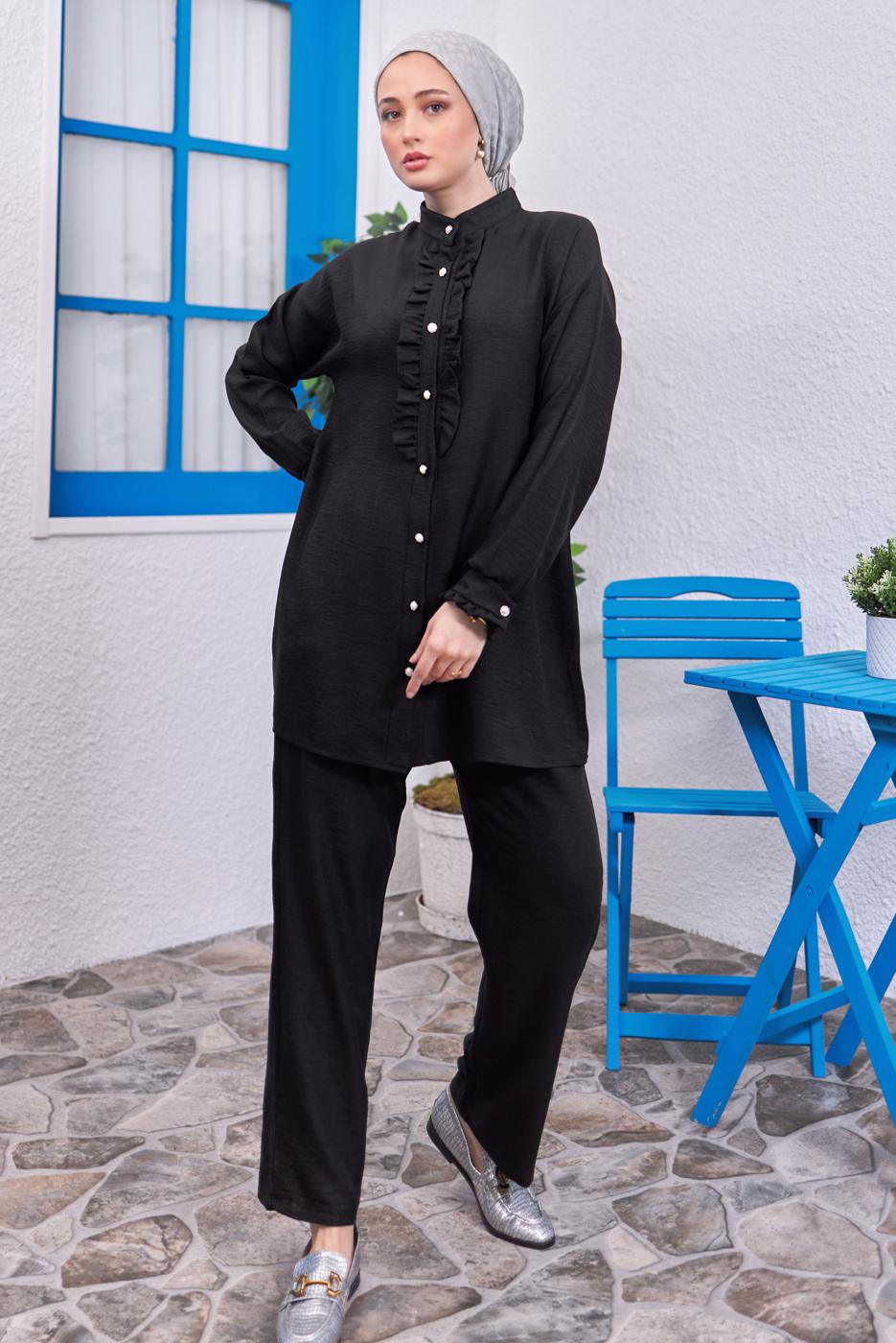 Tesettür giyim SİYAH FIRFIR DETAYLI PANTOLONLU TAKIM T 0383