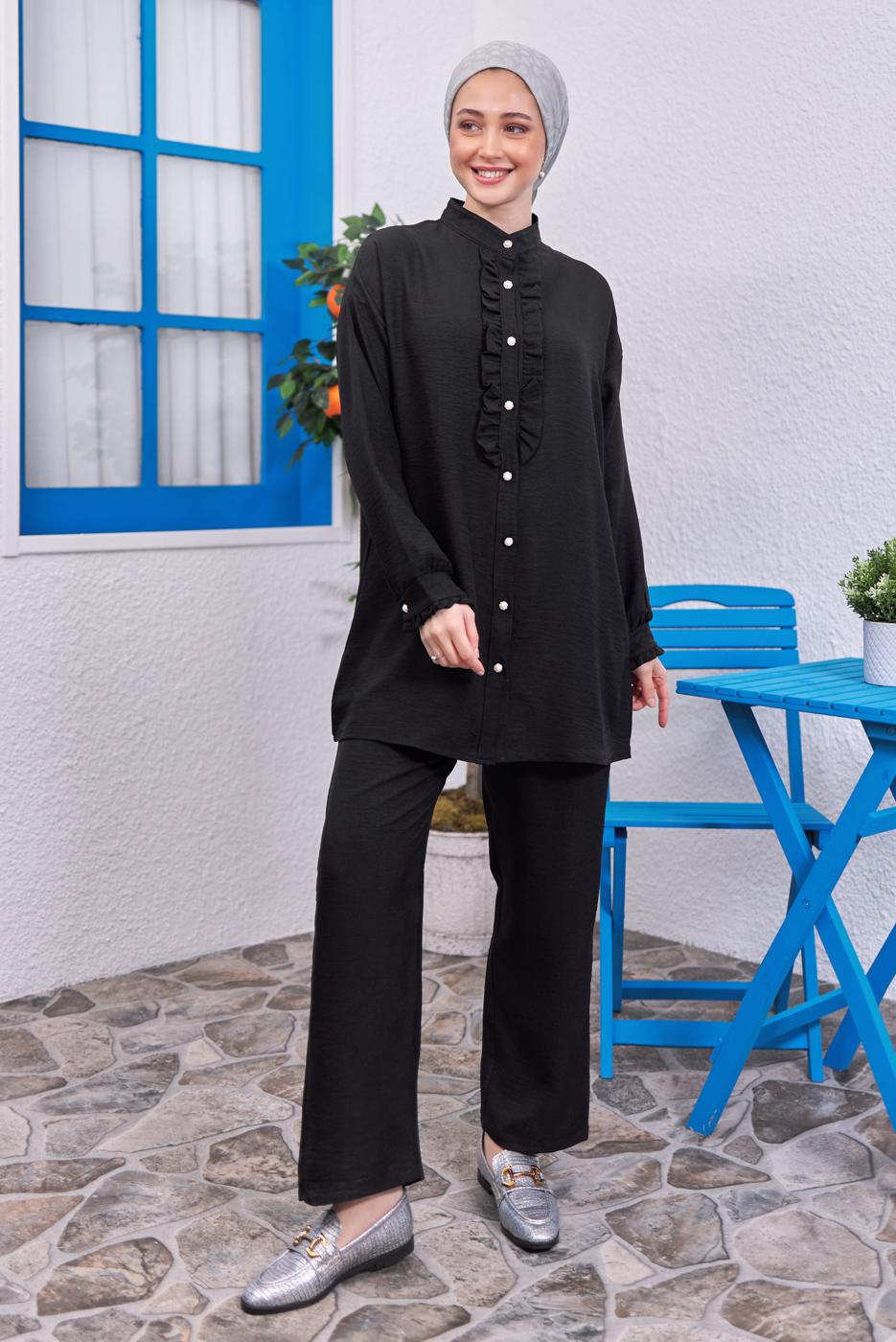Tesettür giyim SİYAH FIRFIR DETAYLI PANTOLONLU TAKIM T 0383