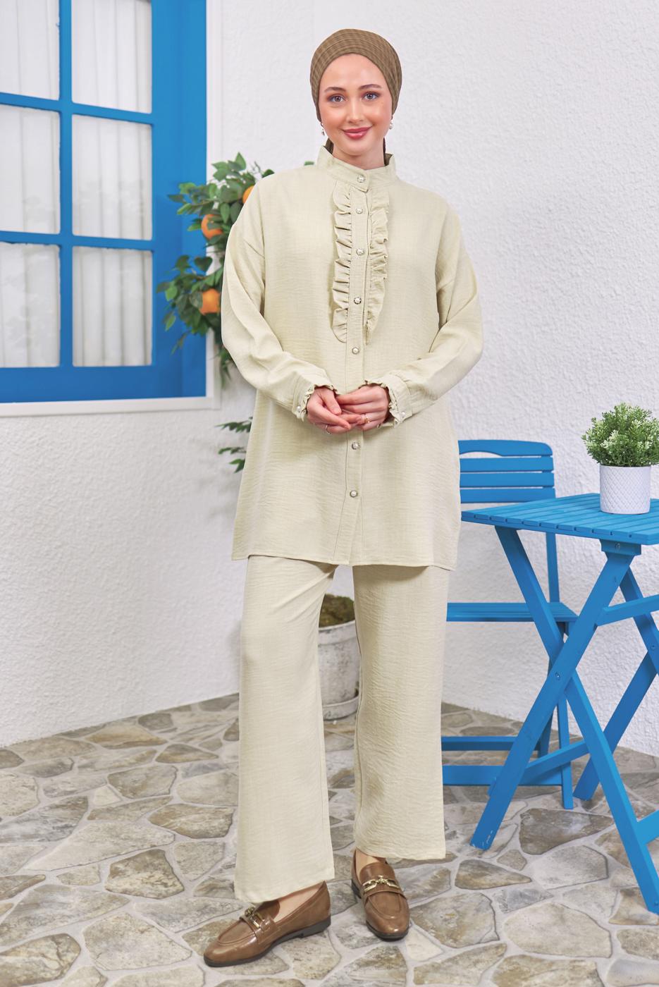 Tesettür giyim BEJ FIRFIR DETAYLI PANTOLONLU TAKIM T 0383