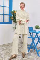 Tesettür giyim BEJ FIRFIR DETAYLI PANTOLONLU TAKIM T 0383