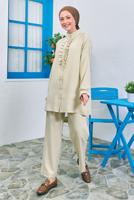 Tesettür giyim BEJ FIRFIR DETAYLI PANTOLONLU TAKIM T 0383
