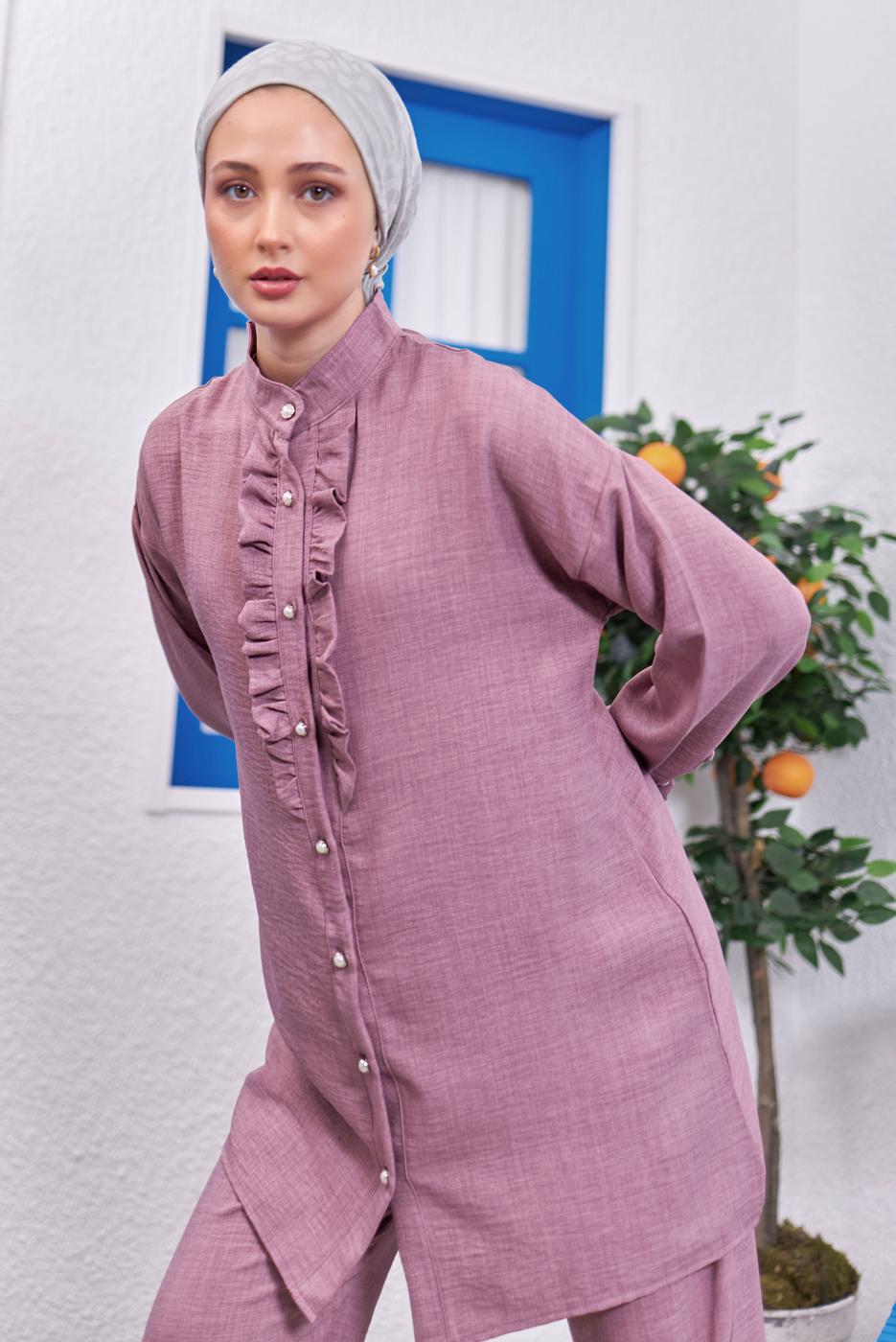 Tesettür giyim MOR FIRFIR DETAYLI PANTOLONLU TAKIM T 0383