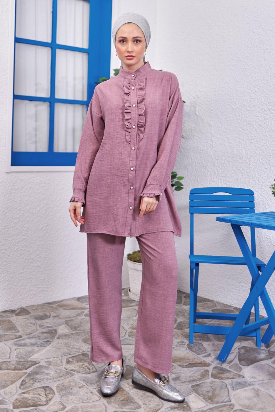 Tesettür giyim MOR FIRFIR DETAYLI PANTOLONLU TAKIM T 0383
