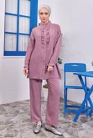 Tesettür giyim MOR FIRFIR DETAYLI PANTOLONLU TAKIM T 0383