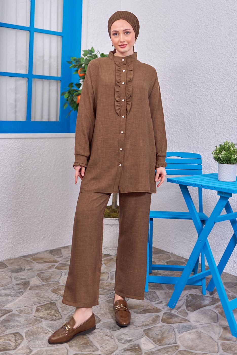 Tesettür giyim KAHVE FIRFIR DETAYLI PANTOLONLU TAKIM T 0383