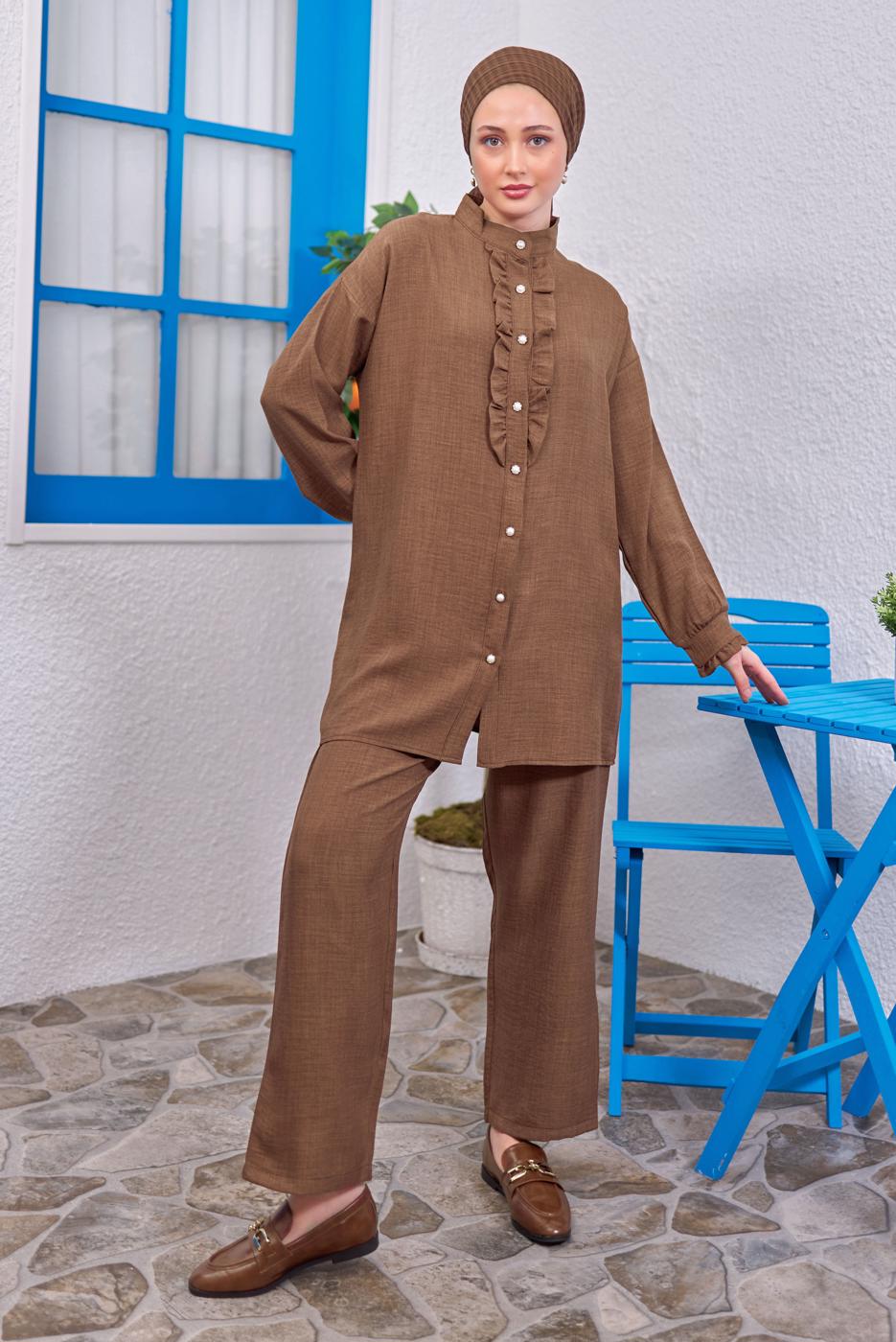 Tesettür giyim KAHVE FIRFIR DETAYLI PANTOLONLU TAKIM T 0383