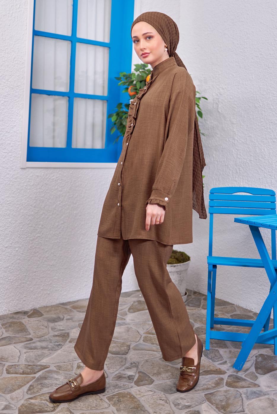 Tesettür giyim KAHVE FIRFIR DETAYLI PANTOLONLU TAKIM T 0383