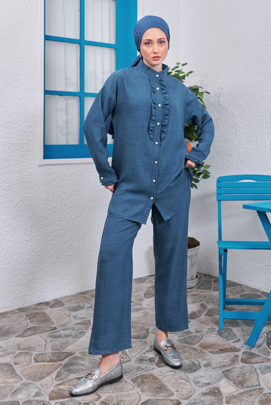 Tesettür giyim LACİVERT FIRFIR DETAYLI PANTOLONLU TAKIM T 0383