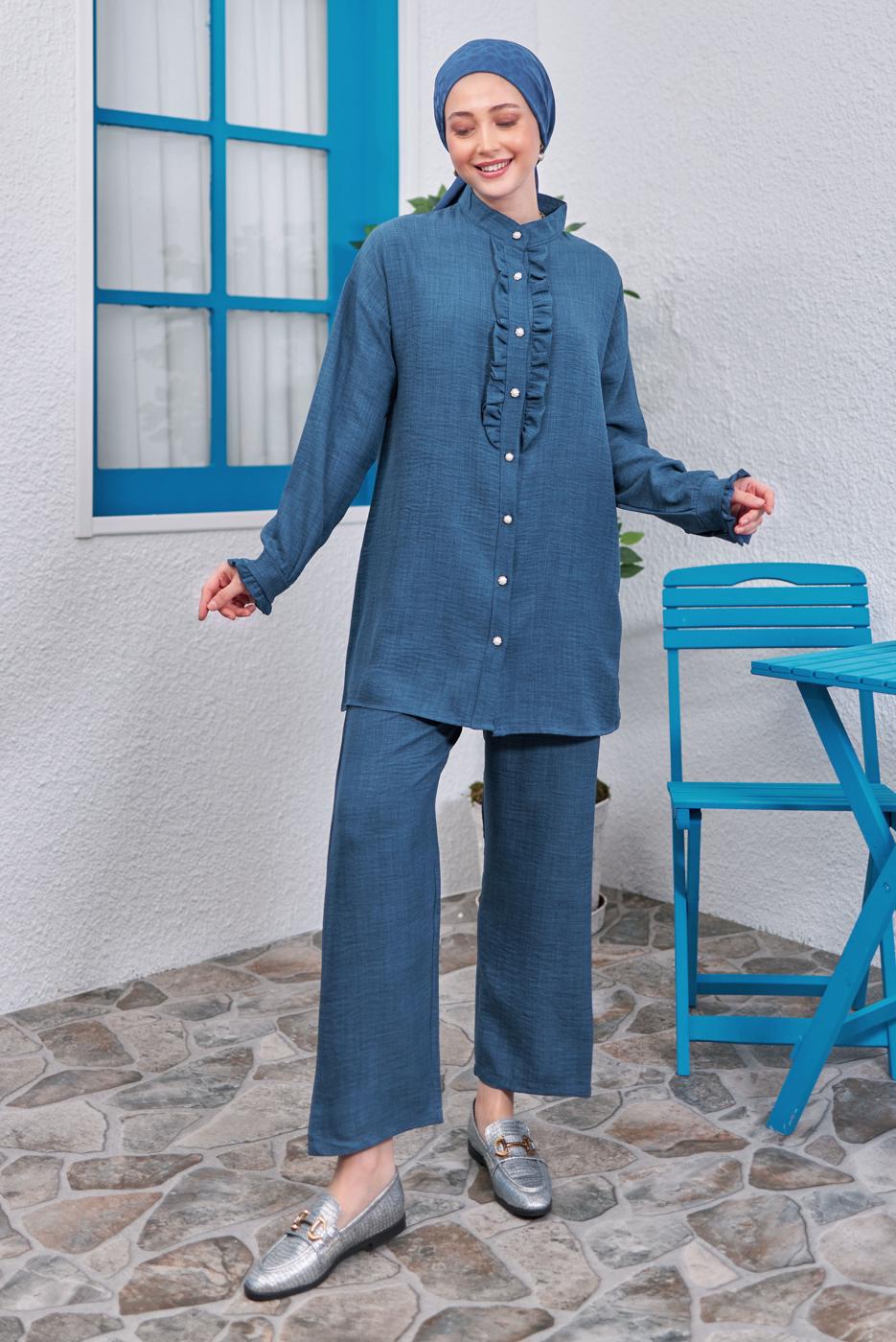 Tesettür giyim LACİVERT FIRFIR DETAYLI PANTOLONLU TAKIM T 0383