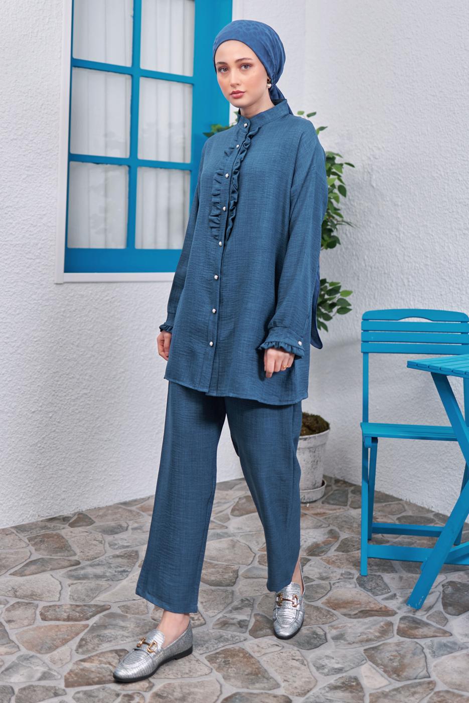 Tesettür giyim LACİVERT FIRFIR DETAYLI PANTOLONLU TAKIM T 0383