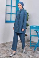 Tesettür giyim LACİVERT FIRFIR DETAYLI PANTOLONLU TAKIM T 0383