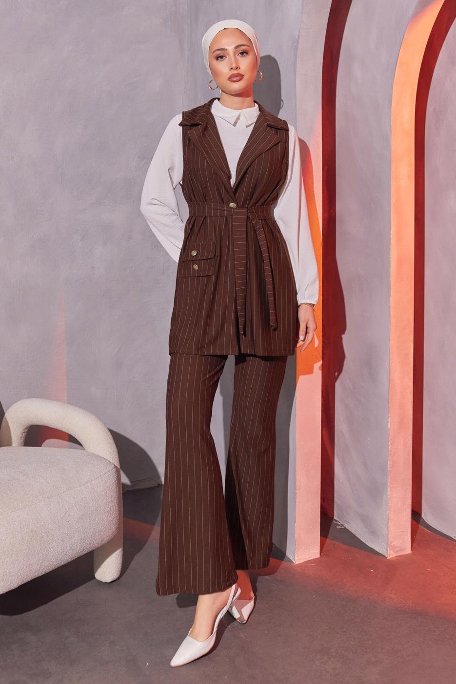 Tesettür giyim KAHVE ÇİZGİLİ YELEKLİ PANTOLONLU TAKIM T 0404