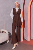 Tesettür giyim KAHVE ÇİZGİLİ YELEKLİ PANTOLONLU TAKIM T 0404