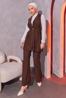 Tesettür giyim KAHVE ÇİZGİLİ YELEKLİ PANTOLONLU TAKIM T 0404