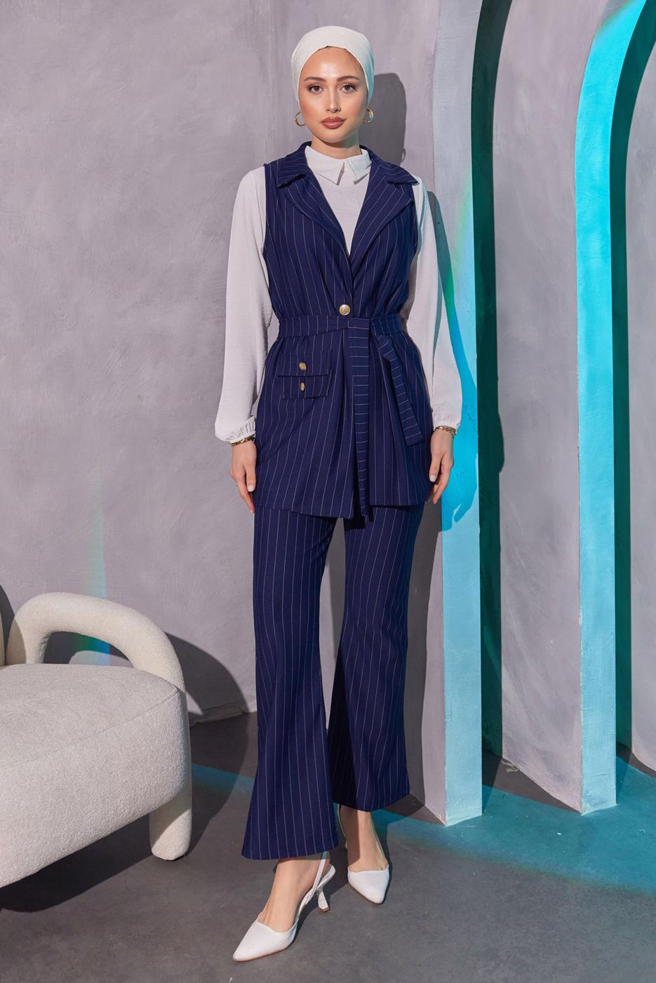 Tesettür giyim LACİVERT ÇİZGİLİ YELEKLİ PANTOLONLU TAKIM T 0404
