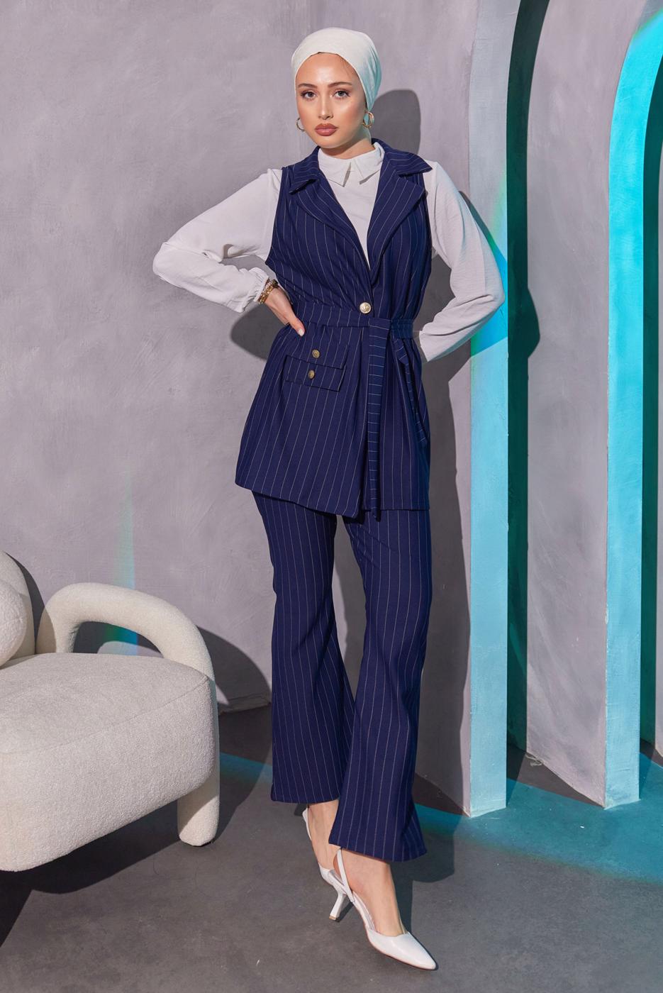 Tesettür giyim LACİVERT ÇİZGİLİ YELEKLİ PANTOLONLU TAKIM T 0404