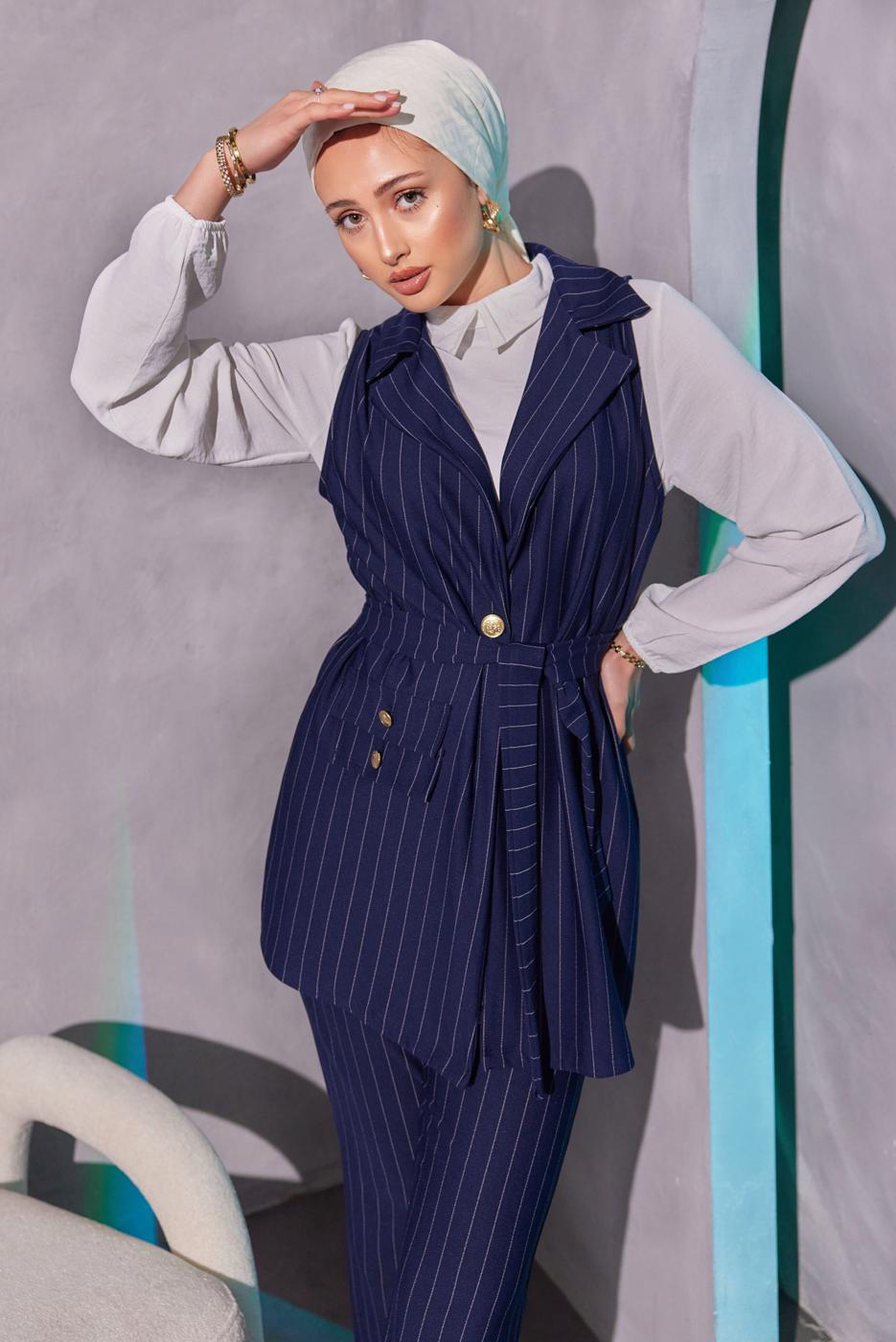 Tesettür giyim LACİVERT ÇİZGİLİ YELEKLİ PANTOLONLU TAKIM T 0404