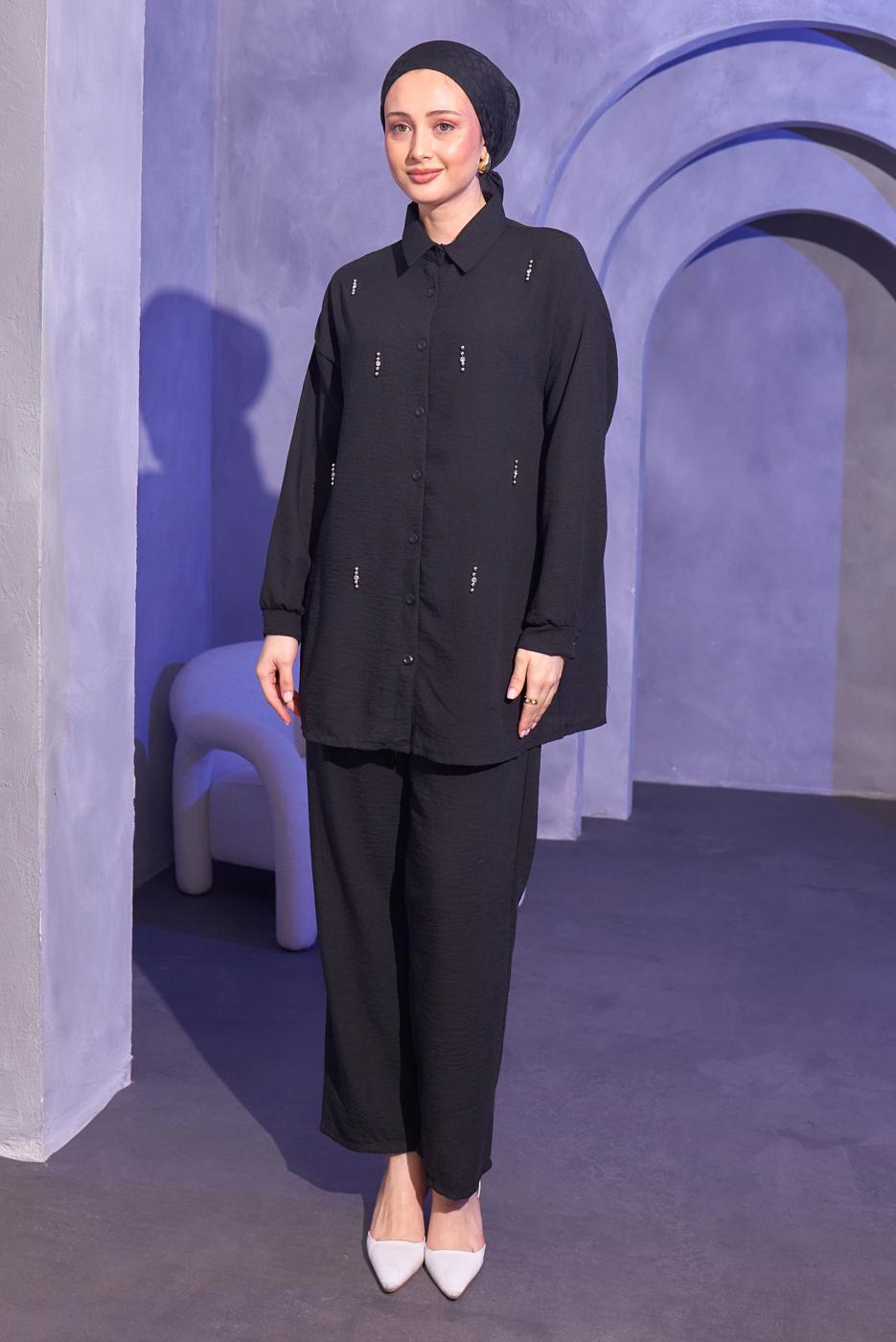 Tesettür giyim SİYAH TAŞ DETAYLI PANTOLONLU TAKIM T 0414