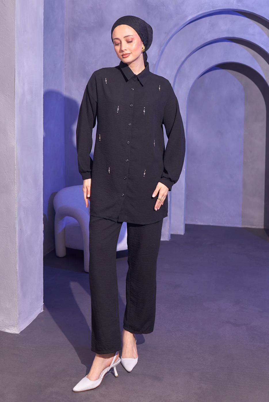 Tesettür giyim SİYAH TAŞ DETAYLI PANTOLONLU TAKIM T 0414